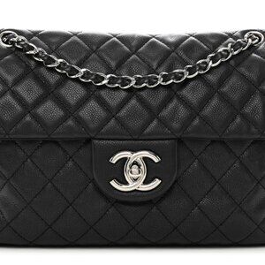 CHANEL Washed Caviar Quilted Maxi Single Flap – Black (Silver Hardware)